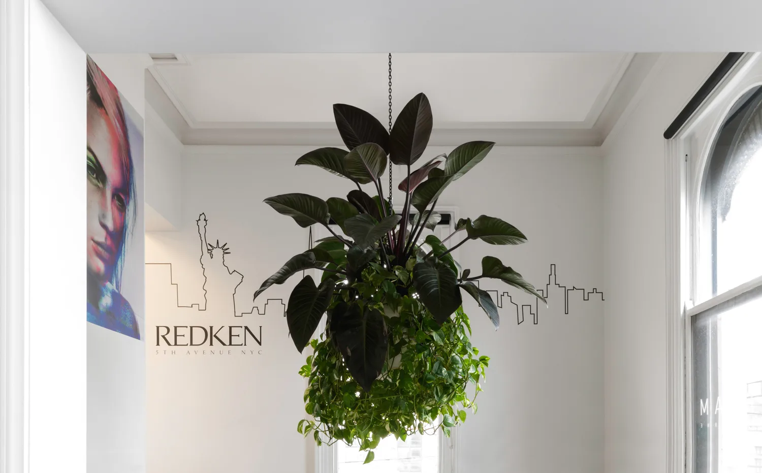 Cream Melbourne — hanging philodendron, Redken NYC wall decal, arched window